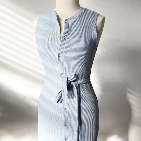 Zara light blue textured weave midi dress with button down front and waist Tie - Picture 13 of 14